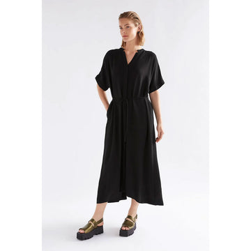 Black short sleeve dress on a white background.