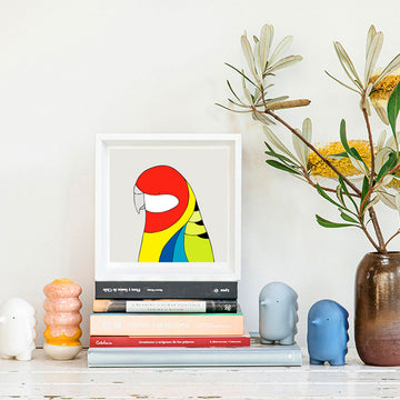 Colorful abstract parrot illustration on a white background.