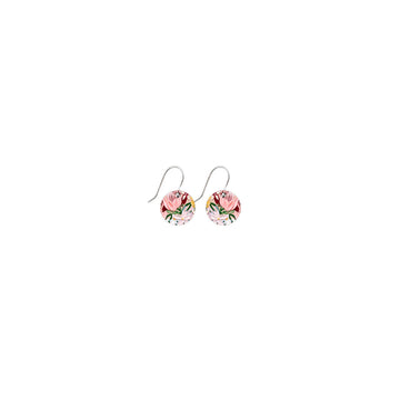 A pair of circle drop earrings printed with floral artwork.