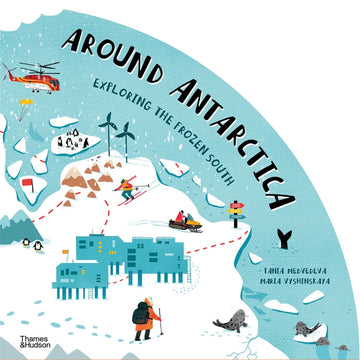Book cover of 'Around Antarctica' with illustrations of Antarctic exploration activities.