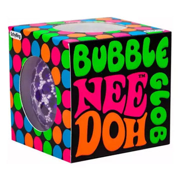A colourful cube box with the text 'Bubble Glob Nee Doh' written on the side.