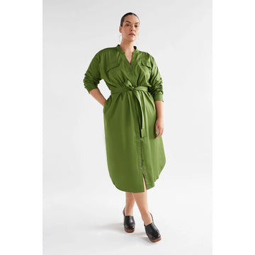 A women's shirt dress in olive green.