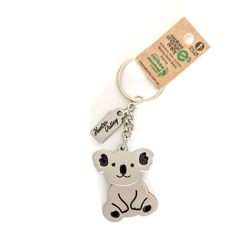 A silver keyring shaped like a koala with a movable head.
