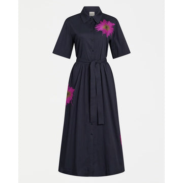 Navy dress with pink floral embellishments on a white background.