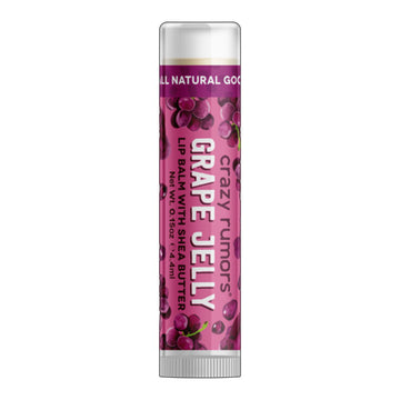 A tube of lip balm with the text 'Grape Jelly' on the label with illustrations of grapes.