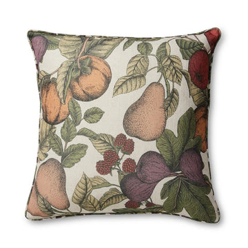 A square cushion illustrated with fruits and leaves.