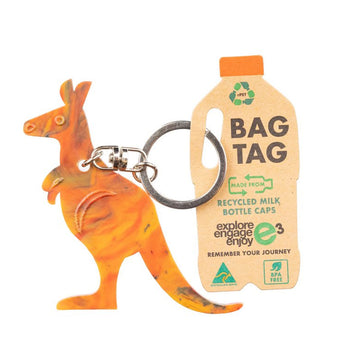 A keyring shaped like a kangaroo in orange made from milk bottle caps.