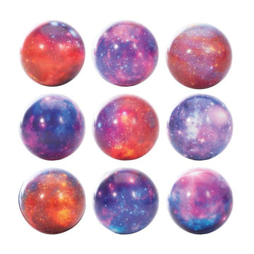 Nine different bouncy balls pictured, each with a different galactic starry print on them.