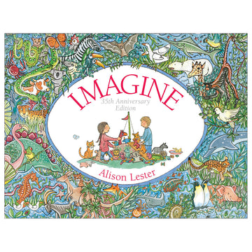 Book cover of 'Imagine' by Alison Lester with colorful illustrations and central text.