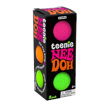 A tall box with the text 'Teenie Nee Doh' written on the front and cut outs showing the coloured balls inside.