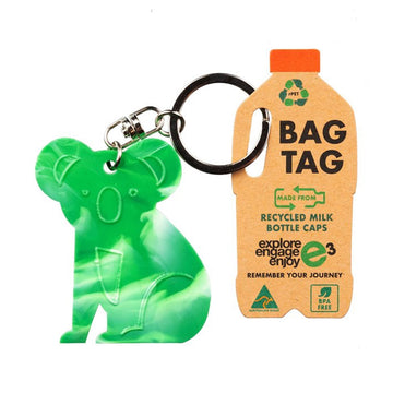 A koala shaped keyring in green made from recycled milk bottle caps.