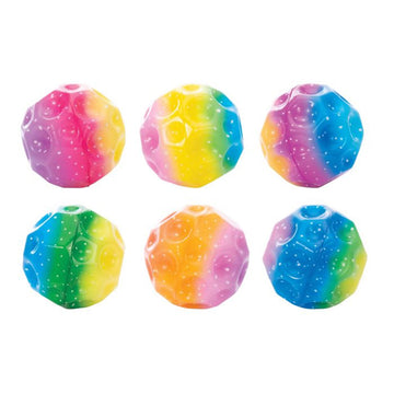 A set of six bouncy balls each looking like a crater and printed with a colourful gradient.