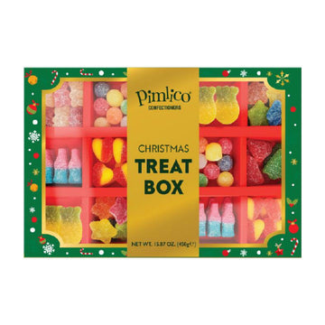 Pimlico Confectioners Christmas treat box with colorful gummy lollies on a white background.
