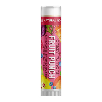 A tube of lip balm with the heading 'Fruit Punch' on a pink label illustrated with different fruits.