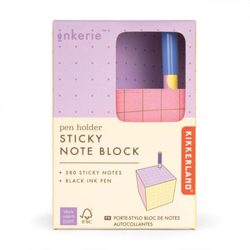 Kikkerland sticky note block packaging with pen holder on a white background