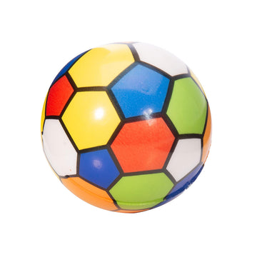 A bouncy ball printed with a colourful soccer ball design.