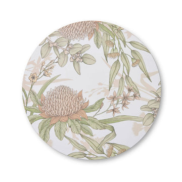 A round place mat illustrated with a waratah flower and leaves.