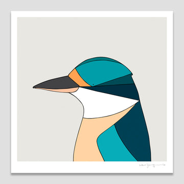 Abstract illustration of a bird with geometric design on a light gray background.