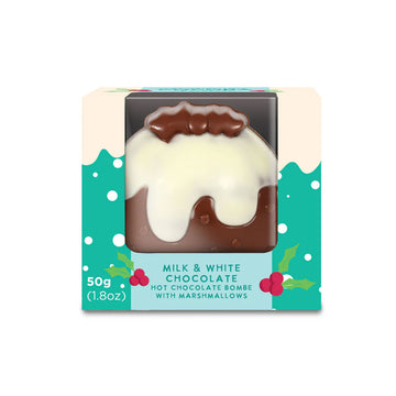 Milk and white chocolate hot chocolate bombe shaped like a pudding with marshmallows in packaging on a white background.