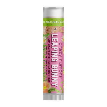 A tube of lip balm with the heading 'Leaping Bunny' on a pink label with an illustration of a bunny and flowers.
