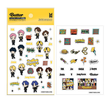 Sticker set with BTS characters and text on a white background.