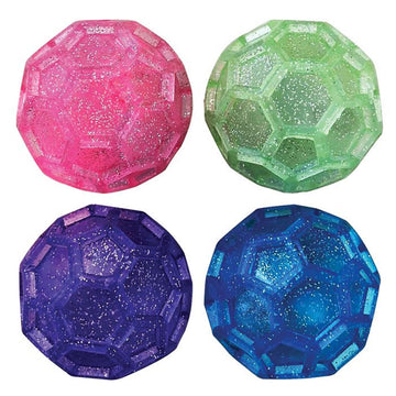A set of four bouncy balls in different glitter coloured exteriors.
