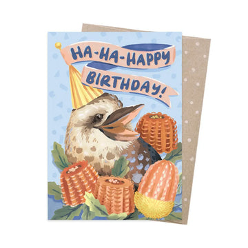Birthday card with a kookaburra and flowers design on a light blue background.