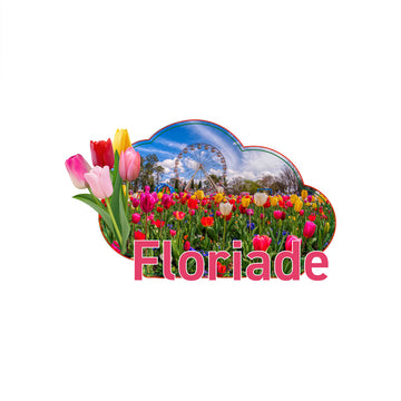 A magnet shaped like a cloud with a photo of tulips and a ferris wheel with a small bunch of tulips on the side and the text 'Floriade' at the bottom.