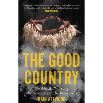 'The Good Country' book cover featuring a photo of tassels on a brown woven band over a smoky background.