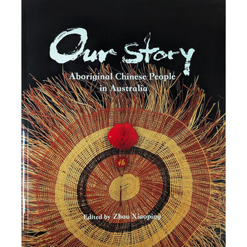 'Our Story Aboriginal Chinese People in Australia' book cover featuring a photo of a woven net with a red charm sitting on top on a black background.