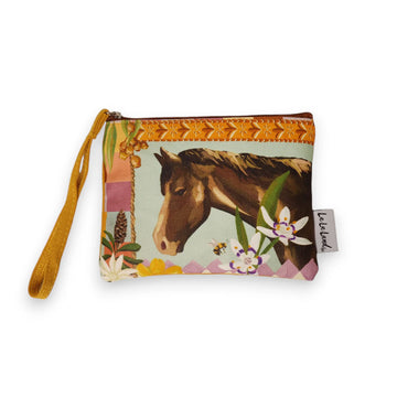 A cotton coin purse illustrated with a horse and border.