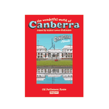 A rectangle magnet with an illustration of Old Parliament House by Trevor Dickinson attached to a red card with product information.