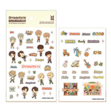Sticker sheets with illustrated characters and colorful designs on a white background.
