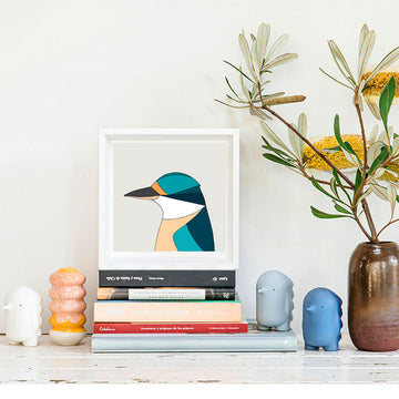 Abstract illustration of a bird with geometric design on a light gray background.