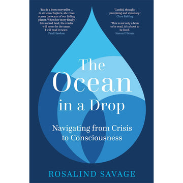 'The Ocean in a Drop' book cover featuring an illustration of a blue water drop on a dark blue background with reviews.