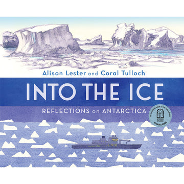 'Into the Ice' book cover featuring illustrations of icebergs and a ship.