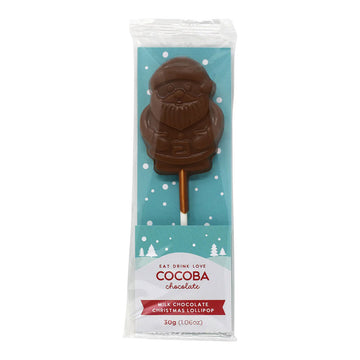 Chocolate Santa Claus lollipop in a clear packaging with a blue background and white text.