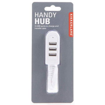 A hub with three USB ports inside clear packaging attached to card with the heading 'Handy Hub'.