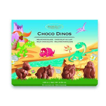 Box of Choco Dinos chocolate with dinosaur illustrations on a colorful background.