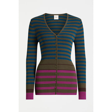 Striped cardigan with green, blue, and purple colors on a white background.