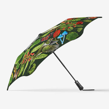 An open umbrella printed with artwork by Erin Forsyth of birds and plants on a green background.
