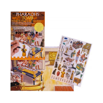 A kids activity set featuring a book and sticker set titled 'Pharoah's Tomb' with illustrations of Egyptian people and activities.