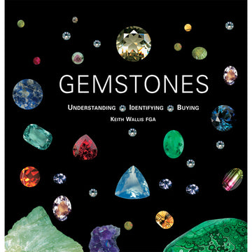 'Gemstones: Understanding Identifying Buying' book cover featuring pictures of different gemstones over a black background.
