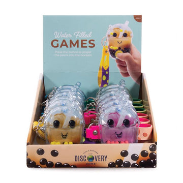 Packaged water-filled games with colorful characters on a white background