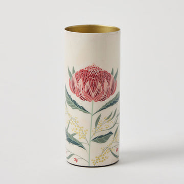 A cylinder shaped vase illustrated with a waratah flower.