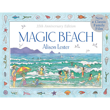 Book cover of 'Magic Beach' with beach scene illustration and decorative border.