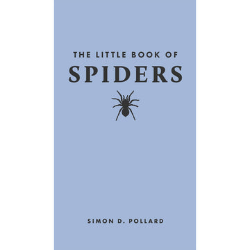 'The Little Book of Spiders' book cover featuring a blue background and a black silhouette of a spider.