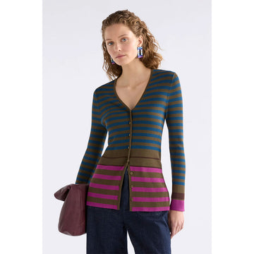 Striped cardigan with green, blue, and purple colors on a white background.
