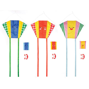 A folded up kite in yellow and red with a face in a packet with the heading 'Funny Faces Pocket Kite'.