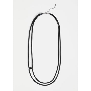 A mesh chain necklace in black with a double strand and a twist overlapping the strands.